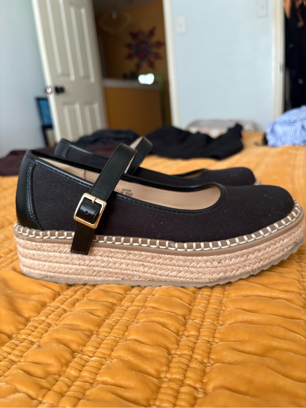 Yellow Box Black Espadrille Mary Jane Platform Flats